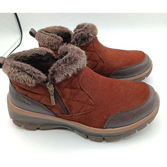 Skechers Boots Wn 9 Easy Going Girl Crush Brown Suede Ankle Faux Fur Bootie - Picture 2 of 12